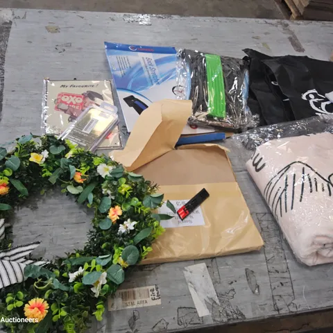ASSORTED ITEMS INCLUDING, WREATH, PERSONALISED BLANKET, OXO TIN SIGN, PHONE CASE, 2 × BACK STRETCHERS, 100 PAPER BAGS.