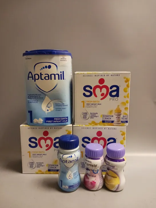 BOX OF APPROX 6 ASSORTED FOOD ITEMS TO INCLUDE - SMA PRO BREAST MILK SUBSTITUE - APTAMIL BREAST MILK SUBSTITUE - NUTRICIA FORTSHIP PROTEIN DRINK