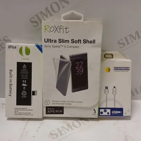 BOX OF APPROXIMATELY 15 ASSORTED HOUSEHOLD ITEMS TO INCLUDE USB DATA CABLE, ROXFIT ULTRA SLIM SOFT SHELL CASE FOR SONY XPERIA X COMPACT, LEADER 6PLUS BUILT IN BATTERY, ETC