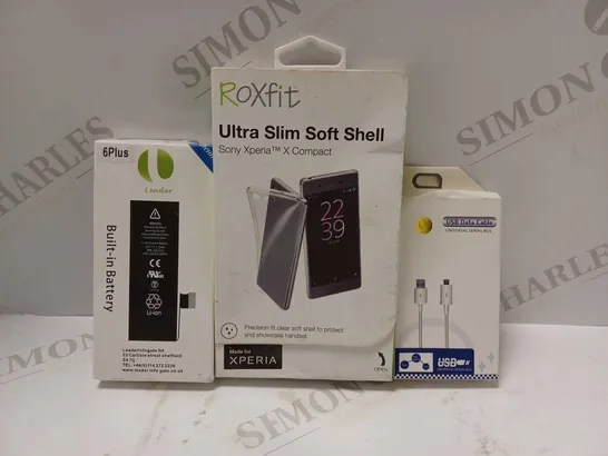 BOX OF APPROXIMATELY 15 ASSORTED HOUSEHOLD ITEMS TO INCLUDE USB DATA CABLE, ROXFIT ULTRA SLIM SOFT SHELL CASE FOR SONY XPERIA X COMPACT, LEADER 6PLUS BUILT IN BATTERY, ETC