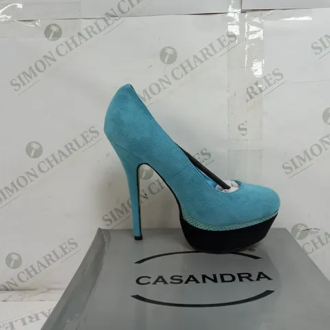 5 BOXED PAIRS OF CASANDRA PLATFORM HEELS IN BLUE VARIOUS SIZES TO INCLUDE SIZES 36, 37, 39  
