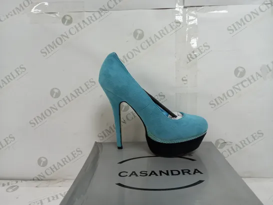 5 BOXED PAIRS OF CASANDRA PLATFORM HEELS IN BLUE VARIOUS SIZES TO INCLUDE SIZES 36, 37, 39  