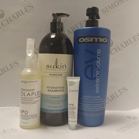 BOX OF 4 ASSORTED HAIRCARE PRODUCTS TO INCLUDE OLAPLEX NO.0 INTENSIVE BOND BUILDING TREATMENT, SUKIN HYDRATING SHAMPOO, OSMO EXTREME VOLUME CONDITIONER, OLAPLEX NO.8 BOND INTENSE MOISTURE MASK 