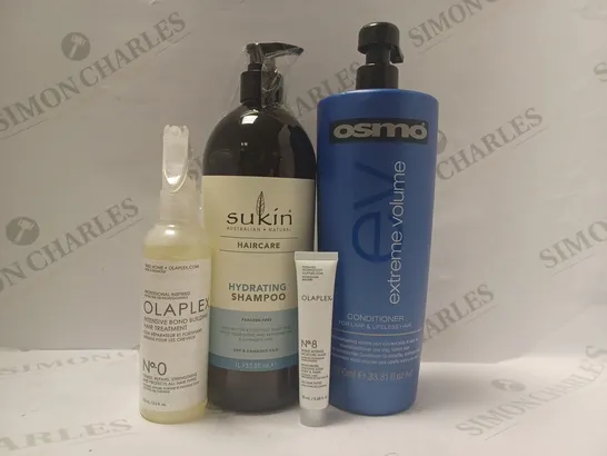 BOX OF 4 ASSORTED HAIRCARE PRODUCTS TO INCLUDE OLAPLEX NO.0 INTENSIVE BOND BUILDING TREATMENT, SUKIN HYDRATING SHAMPOO, OSMO EXTREME VOLUME CONDITIONER, OLAPLEX NO.8 BOND INTENSE MOISTURE MASK 