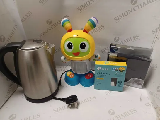 LOT OF 4 HOUSEHOLD ITEMS TO INCLUDE SILVER KETTLE, TP LINK MINI ADAPTER, OLYMPUS RAINPROOF MULTIPURPOSE WRAPPING CLOTH, FISHERPRICE BRIGHT BEATS DANCE & MOVE BEATBO TOY