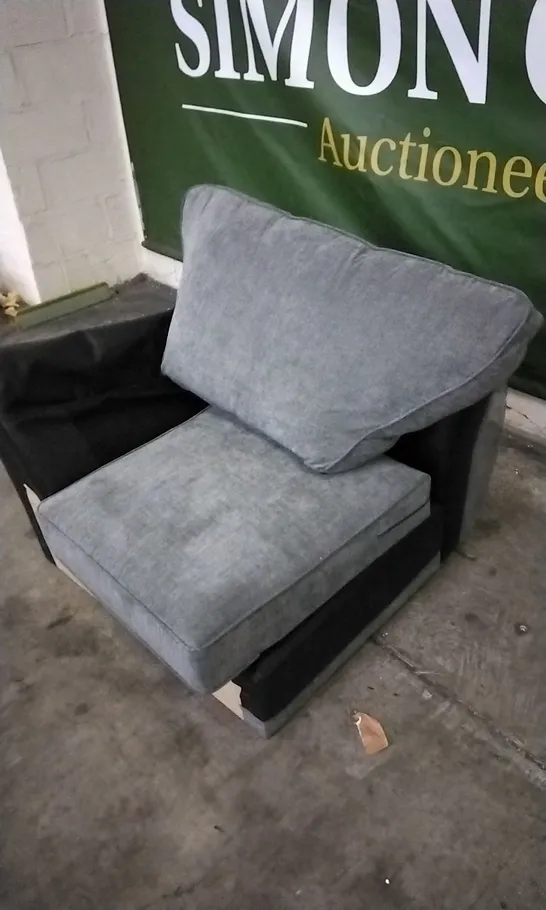 BLACK LEATHER ARMCHAIR WITH GREY CUSHIONS (MISSING ARM)