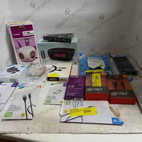LOT OF ASSORTED HOUSEHOLD ITEMS TO INCLUDE ADAPTERS,USB LEADS, EARPHONES