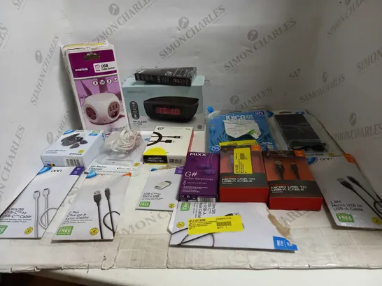 LOT OF ASSORTED HOUSEHOLD ITEMS TO INCLUDE ADAPTERS,USB LEADS, EARPHONES