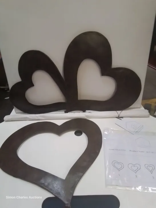 BRAND NEW BOXED SET OF THREE HEART METAL GARDEN STAKES