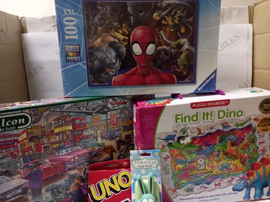 LOT OF ASSORTED ITEMS TO INCLUDE RAVENSBURGER SPIDER-MAN PUZZLE, FALCON DELUXE THE TRANSPORT MUSEUM PUZZLE, FIND IT DINO FLOOR PUZZLE AND GAME, ETC.