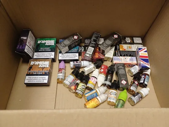 BOX TO CONTAIN APPROX. 40 X ASSORTED E-CIGARETTE PRODUCTS. INCLUDES BATTERIES AND USB'S FOR E-CIGS, FLAVOUR LIQUIDS ETC 