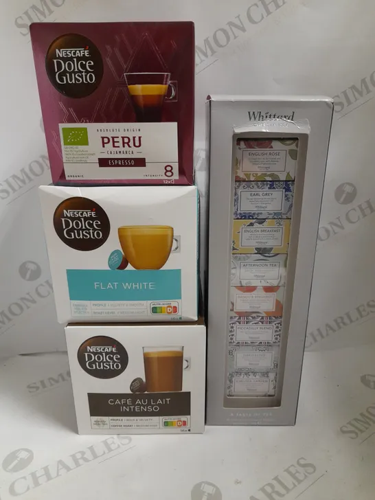 BOX OF APPROX 15 ITEMS TO INCLUDE WHITTARD A TASTE OF TEA GIFT SET, DOLCE GUSTO PODS IN ASSORTED FLAVOURS 