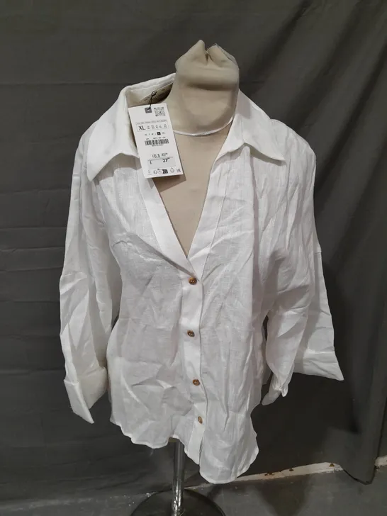 ZARA 100& LINEN WHITE SHIRT WITH COLLAR - EUR XL