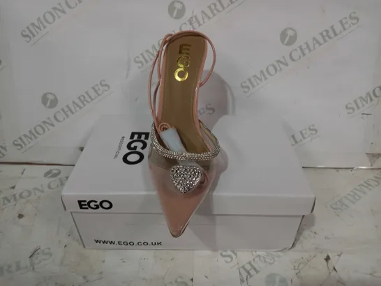 BOXED PAIR OF EGO POINTED CLOSED TOE HEELS IN NUDE COLOUR W. JEWEL EFFECT UK SIZE 4