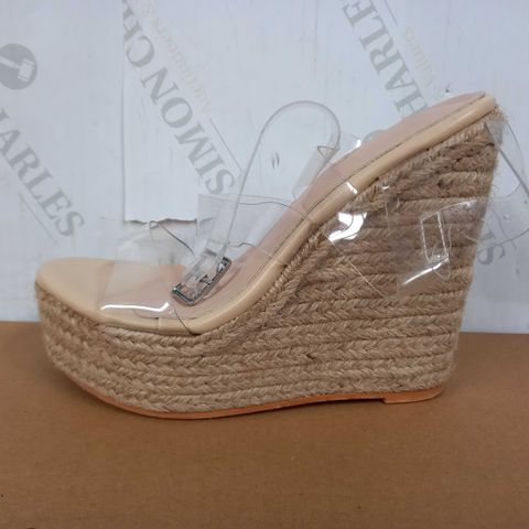 BOXED PAIR OF PRETTY LITTLE THINGS WEDGES (BEIGE, ACRYLIC), SIZE 3 UK