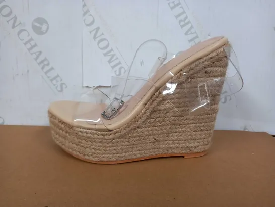 BOXED PAIR OF PRETTY LITTLE THINGS WEDGES (BEIGE, ACRYLIC), SIZE 3 UK