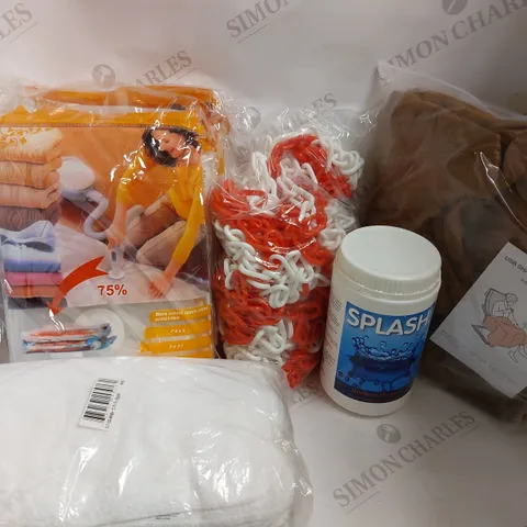 BOX OF APPROX 10 HOUSEHOLD ITEMS TO INCLUDE VACUUM BAGS, USB HEATED THROW, PLASTIC CHAIN FENCE