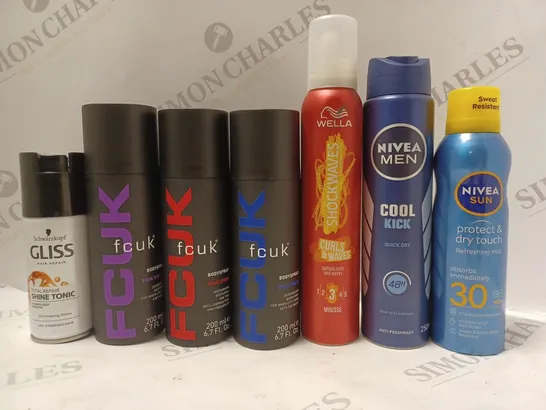 BOX OF APPROX 10 ASSORTED AEROSOLS TO INCLUDE FCUK BODYSPRAY, WELLA MOUSSE, NIVEA MEN DEODORANT. ETC 