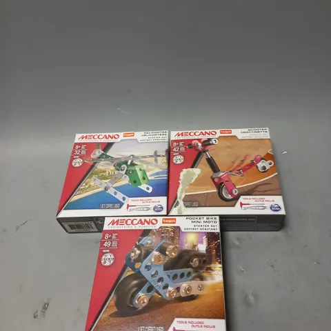 BOXED SET OF 3 MECCANO STARTER KITS INCLUDING SCOOTER, POCKET BIKE AND HELICOPTER