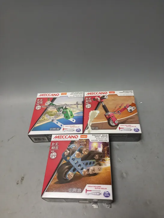 BOXED SET OF 3 MECCANO STARTER KITS INCLUDING SCOOTER, POCKET BIKE AND HELICOPTER