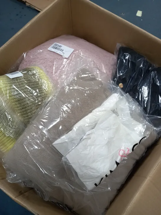 BOX OF ASSORTED CLOTHING ITEMS TOO INCLUDE TOPS , JUMPERS, AND PANTS ETC. 