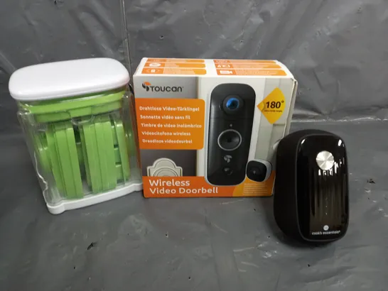 APPROXIMATELY 15 ASSORTED ITEMS TO INCLUDE VIDEO DOORBELL, ELECTRIC CAN OPENER, VEGETABLE CUTTER, ETC