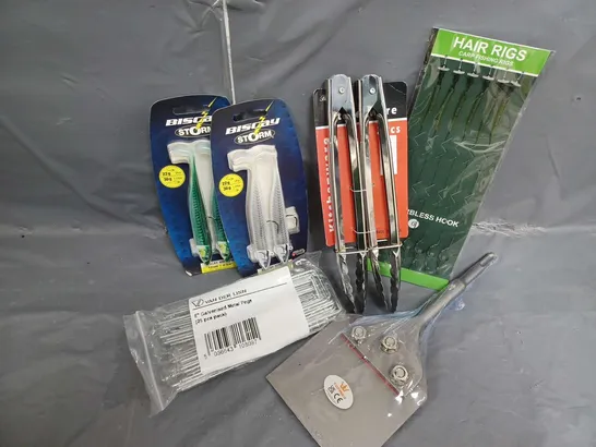 APPROXIMATELY 15 ASSORTED PRODUCTS TO INCLUDE 6-INCH GALVANISED METAL PEGS, STORM BISCAY MINNOW, CARP FISHING RIGS 