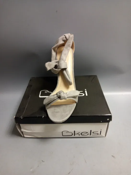 BOXED KELSI LADIES GREY SATIN HIGH HEELED SANDALS WITH TIE DETAIL SIZE EU 38