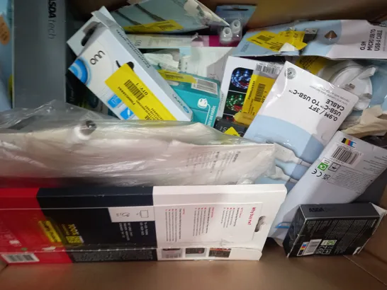 BOX OF APPROXIMATELY 15 ASSORTED ELECTRICAL ITEMS TO INCLUDE ASDA TECH BLUETOOTH SHOWER SPEAKER, ASDA TECH WIRELESS CHARGING PAD, ONE FOR ALL UNIVERSAL REMOTE, ETC