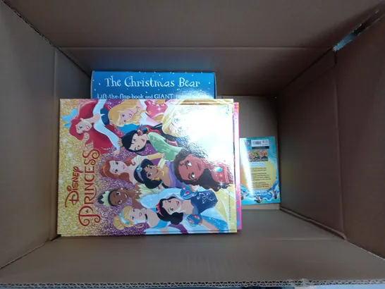 BOX OF APPROXIMATELY 10 ASSORTED BOOKS AND TOYS TO INCLUDE DISNEY, PRINCESS AND THE CHRISTMAS BEAR