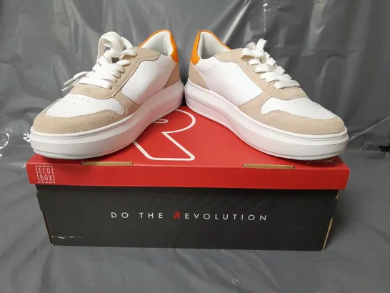 BOXED PAIR OF RIEKER REVOLUTION TRAINERS IN WHITE/PURPLE/SAND/ORANGE W. JEWEL EFFECT SIZE 6