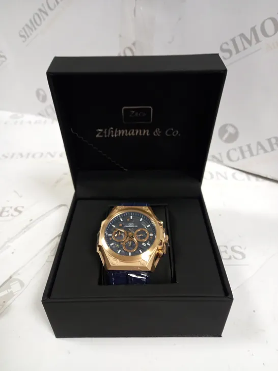 MEN’S ZIHLMANN & CO CHRONOGRAPH WATCH – MODEL ZC100 – STAINLESS STEEL CASE – BLUE DIAL WITH SUB DIALS – 5ATM WATER RESISTANT – BLUE STRAP