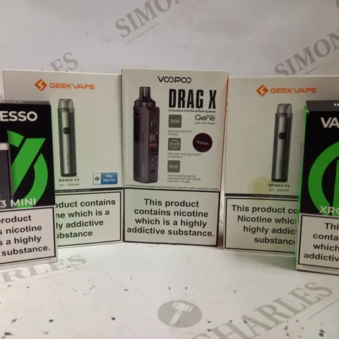 BOX OF APPROX 30 ASSORTED E-CIGARETTE ITEMS INCLUDING GEEKVAPE WENAX H1, VOOPOO DRAG X AND VAPORESSO XROS 3 MINI 