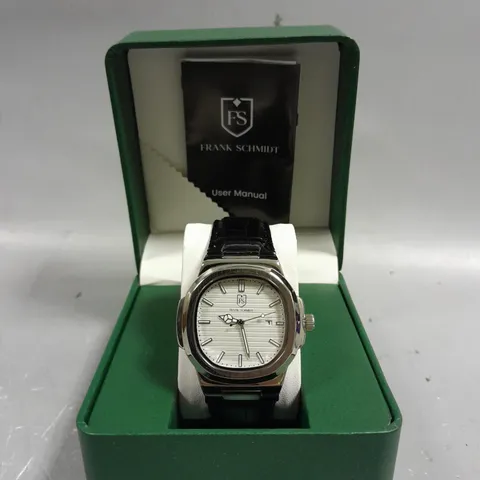 BOXED FRANK SCHMIDT TEXTURED DIAL WITH DATE & LEATHER STRAP WATCH