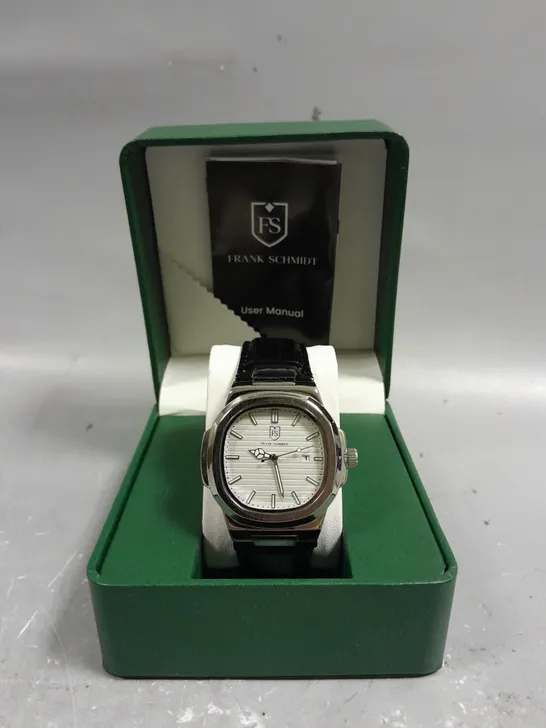 BOXED FRANK SCHMIDT TEXTURED DIAL WITH DATE & LEATHER STRAP WATCH