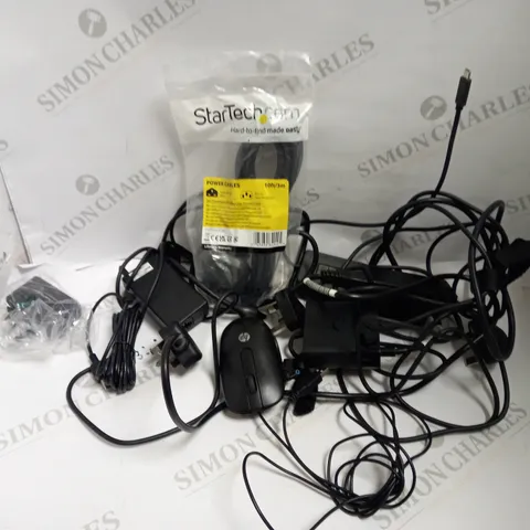 LARGE QUANTITY OF ELECTRICALS & ELECTRICAL CABLES OF VARIOUS TYPES TO INCLUDE WIRED MOUSE, HP LAPTOP CHARGER, POWER ADAPTERS, ETC