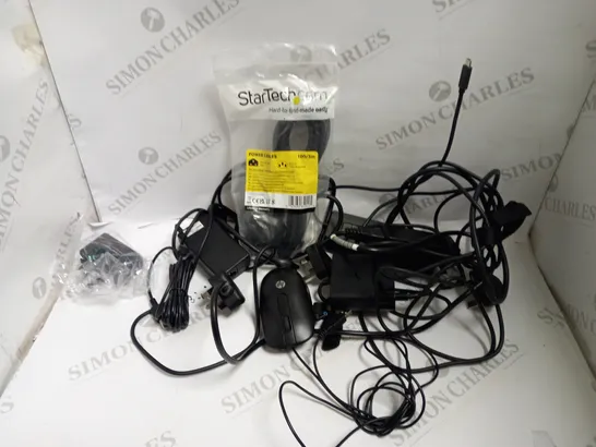 LARGE QUANTITY OF ELECTRICALS & ELECTRICAL CABLES OF VARIOUS TYPES TO INCLUDE WIRED MOUSE, HP LAPTOP CHARGER, POWER ADAPTERS, ETC