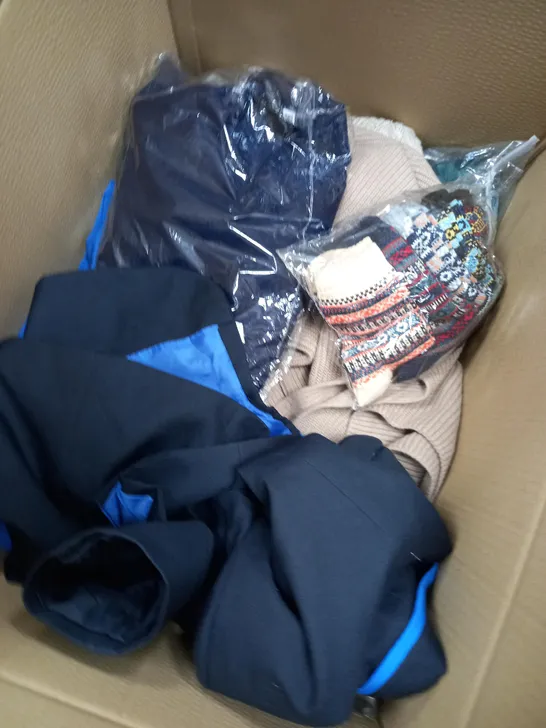 BOX OF APPROXIMATELY 20 CLOTHING ITEMS TO INCLUDE MERMAID TAIL, ASOS CARDIGAN, JEANS ETC