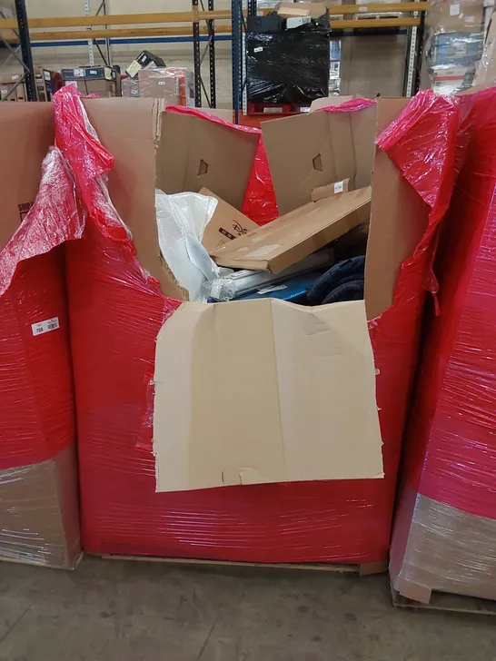 PALLET OF ASSORTED HOUSEHOLD ITEMS AND CONSUMER PRODUCTS TO INCLUDE; OFFICE STOOL, PLAYPEN, TOILET SEAT, VACUUM CLEANER ETC