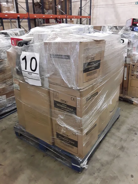 PALLET OF ASSORTED ITEMS INCLUDING HP LASERJET PRINT CARTRIDGES, HP COLOUR LASERJET PRO PRINTER, DIGITAL BATHROOM SCALES, TONER BOXES, LAPTOP BRIEFCASES   