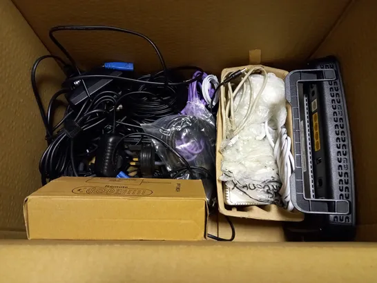 LOT OF ASSORTED TECH ITEMS TO INCLUDE LENOVO POWER ADAPTER, ROUTERS AND JACK TO PHONO CABLE