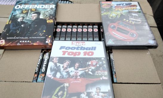 PALLET OF APPROXIMATELY 3300 NEW DVDS INCLUDING OFFEDER, FOOTBALL TOP 10, BLAZE REV UP AND ROAR