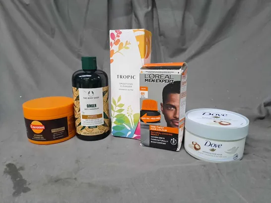 APPROXIMATELY 20 ASSORTED COSMETIC PRODUCTS TO INCLUDE TROPIC CLEANSER, L'OREAL MEN EXPERT HAIR COLOUR AND DOVE EXFOLIATING BODY SCRUB