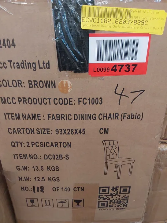 BOXED SET OF 2 FABRIC UPHOLSTERED DINING CHAIRS - DARK BROWN (1 BOX)