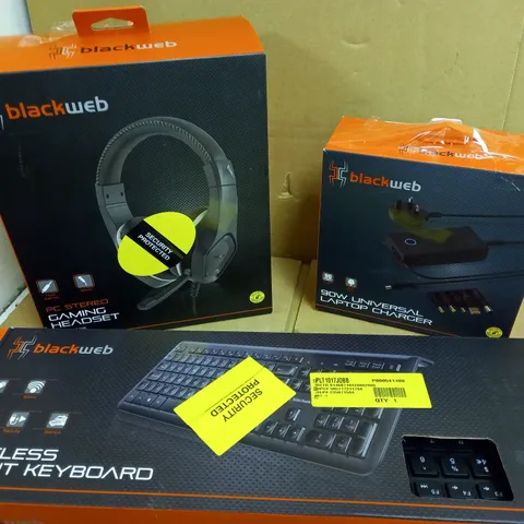 LOT OF APPROX 10 BLACKWEB ITEMS TO INCLUDE WIRELESS SILENT KEYBOARD, PC GAMING HEADSET, UNIVERSAL LAPTOP CHARGER