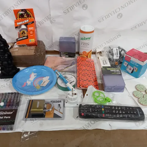 BOX OF ASSORTED HOUSEHOLD ITEMS TO INCLUDE PENS, REMOTE CONTROS AND ODOUR ELIMINATOR