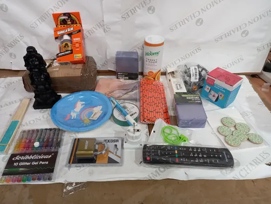 BOX OF ASSORTED HOUSEHOLD ITEMS TO INCLUDE PENS, REMOTE CONTROS AND ODOUR ELIMINATOR