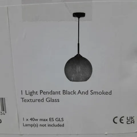 BOXED SOREN 1 LIGHT PENDANT BLACK AND SMOKED TEXTURED GLASS