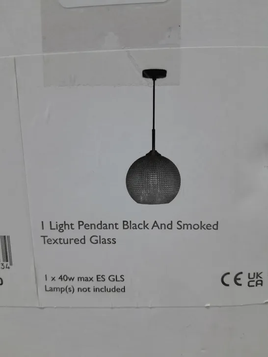 BOXED SOREN 1 LIGHT PENDANT BLACK AND SMOKED TEXTURED GLASS