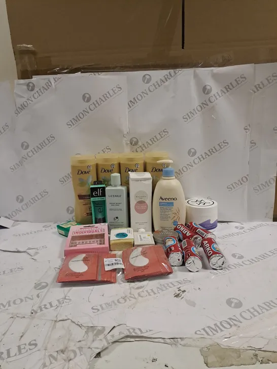 BOX OF APPROXIMATLY 20 ASSORTED ITEMS TO INCLUDE DOVE, AVEENO, MERWAVE ETC 